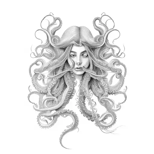 An elegant portrait of a woman with flowing hair that transforms into tentacles of an octopus, showcasing the beauty and strength of both feminine and marine elements tattoo design idea