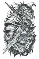 berserk guts kill devil, blood, cyberpunk tattoo design idea