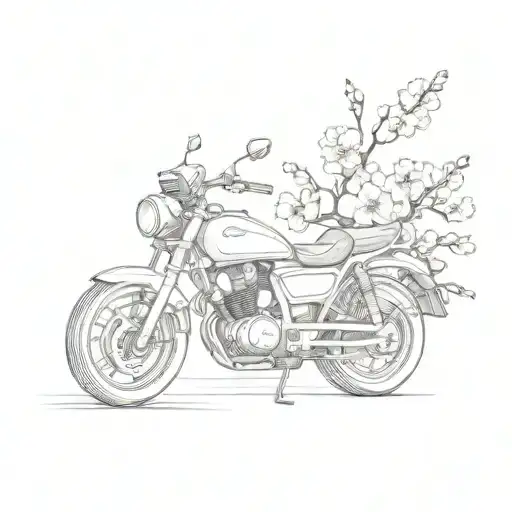 Combine elements of Japanese cherry blossoms and a Motorcycle in a sketch style half-sleeve tattoo tattoo design idea