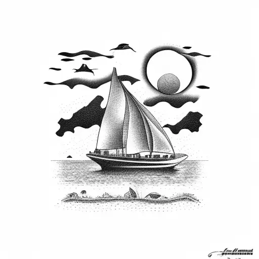A sailboat pauses to watch killer whales play in the ocean as the sun sets tattoo design idea