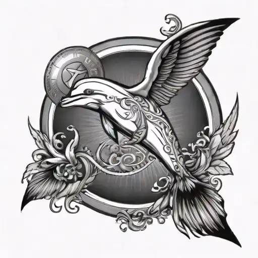 sea ​​with a dolphin and a Christian cross, around a circle. Above angel wings and a celestial light tattoo design idea