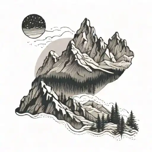 Detailed line work tattoo of a mountain scene with a camouflage pattern incorporated in the design tattoo design idea