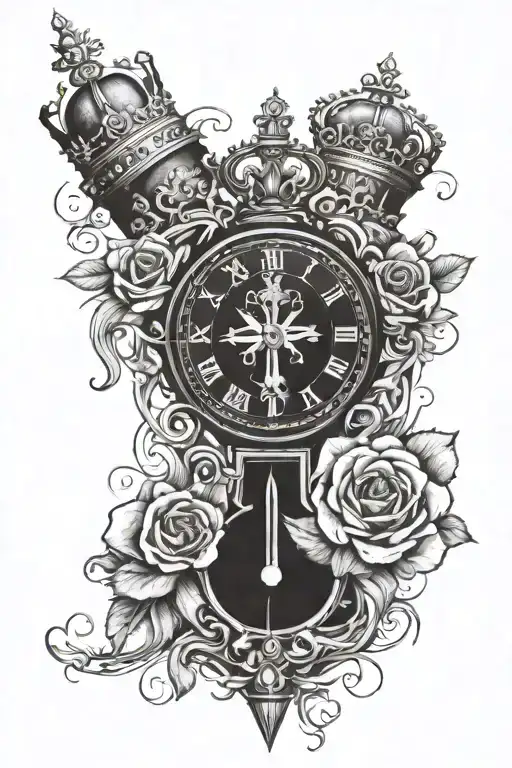 clock with compass and crown at top and rose below with waves to be put in the outer calf tattoo design idea