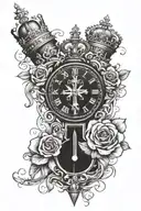 clock with compass and crown at top and rose below with waves to be put in the outer calf tattoo design idea