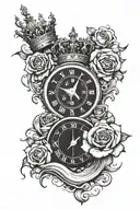 clock with compass and crown at top and rose below with waves to be put in the outer calf tattoo design idea