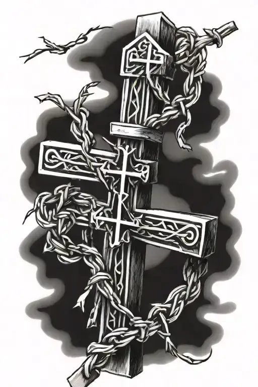 A detailed blackwork design of barbed wire wrapping around a cross with a biblical verse above it tattoo design idea