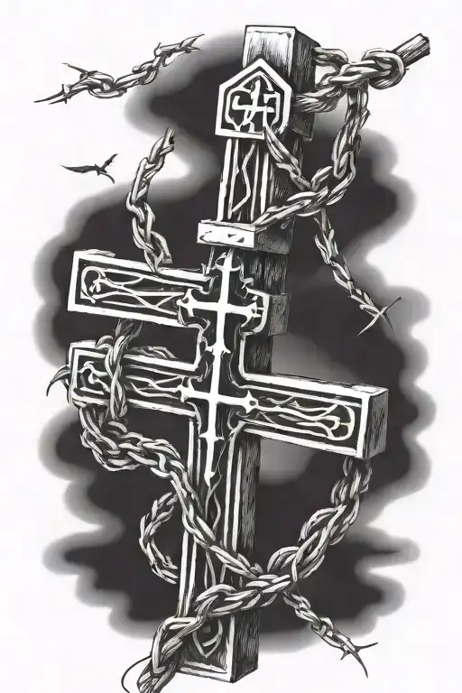 A detailed blackwork design of barbed wire wrapping around a cross with a biblical verse above it tattoo design idea