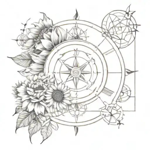 An intricate clockwork design incorporating sunflowers and the north star, symbolizing the balance between staying young at heart and finding direction in life tattoo design idea