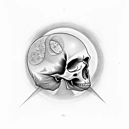 skull listening with a look of tranquility, cosmic themes in the background. tattoo design idea