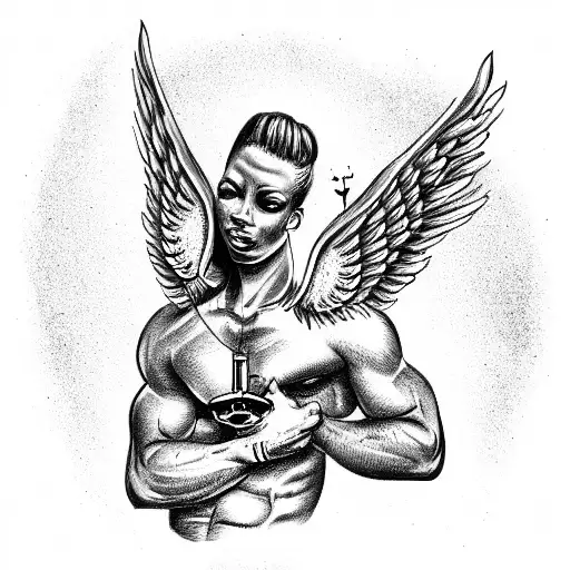 black Cupid with his mother, clock and wings on pecs, chest  tattoo design idea