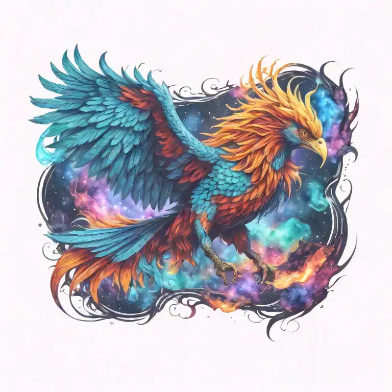 cosmic colorful majestic phoenix rising from ashes into  colorful  hyper realistic galaxy, engineered  tattoo design idea