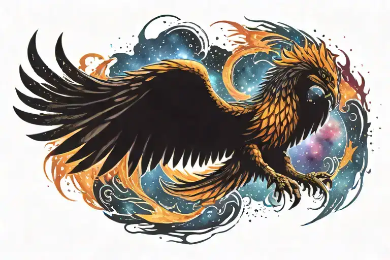 cosmic colorful majestic phoenix rising from ashes into  colorful  hyper realistic space galaxy, engineered stars tattoo design idea