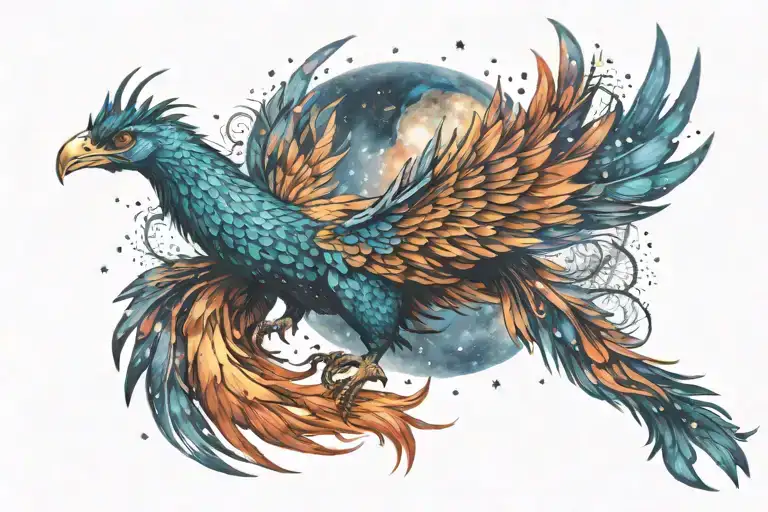 galactic multicolor phoenix rising into milky way tattoo design idea