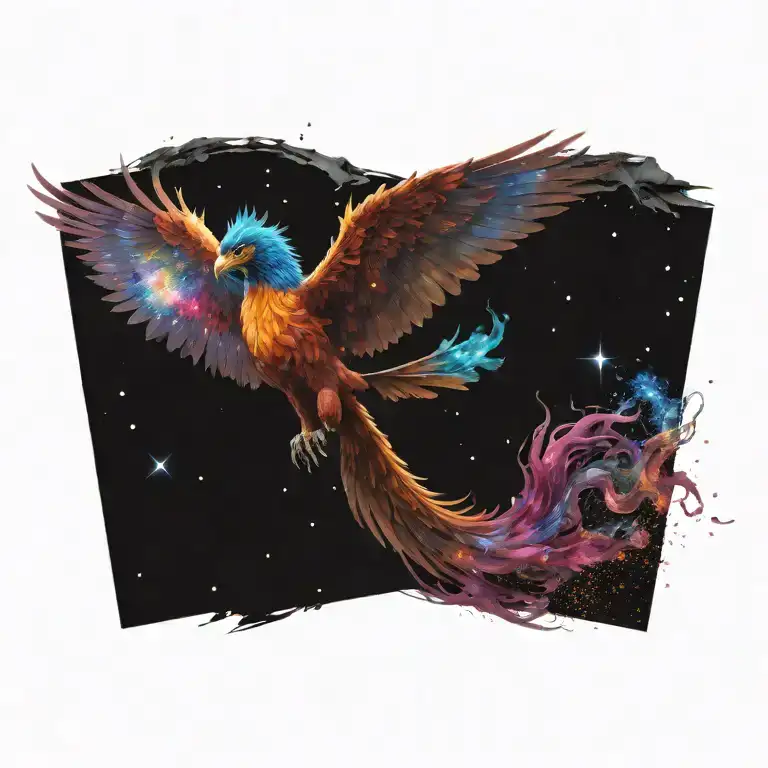 cosmic colorful majestic phoenix rising from ashes into  colorful  hyper realistic space galaxy, gears, stars tattoo design idea
