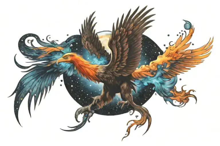 galactic multicolor phoenix rising into milky way tattoo design idea
