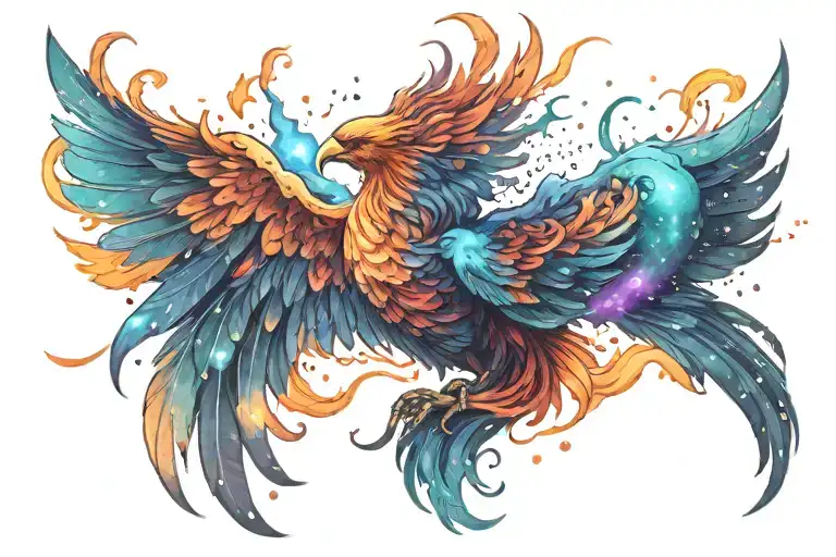 colorful phoenix rising into the milky way  tattoo design idea