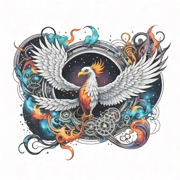 cosmic colorful majestic phoenix rising from ashes into  colorful  hyper realistic space galaxy, gears, stars tattoo design idea