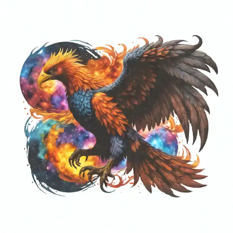 cosmic colorful majestic phoenix rising from ashes into  colorful  hyper realistic galaxy, engineered  tattoo design idea
