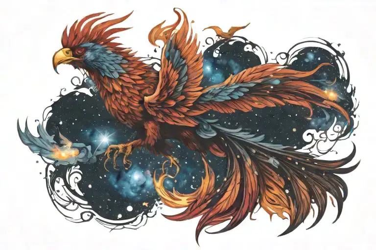 colorful phoenix rising into the milky way  tattoo design idea