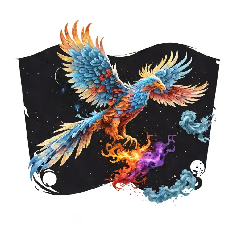cosmic colorful majestic phoenix rising from ashes into  colorful  hyper realistic galaxy, gears  tattoo design idea