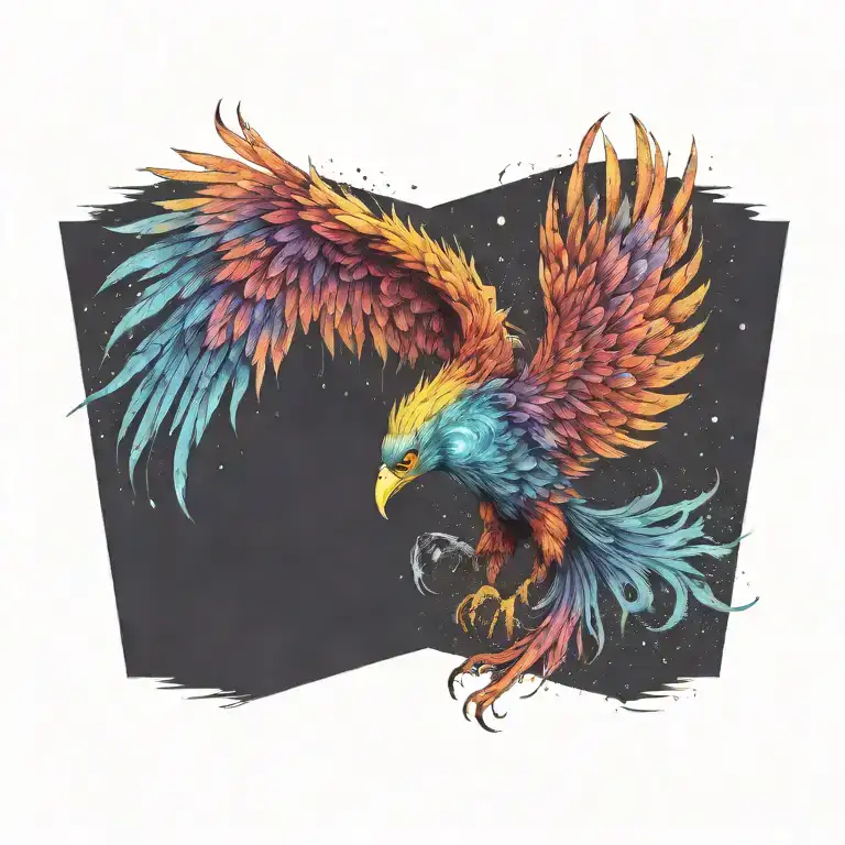 cosmic colorful majestic phoenix rising from ashes into  colorful  hyper realistic galaxy, gears  tattoo design idea