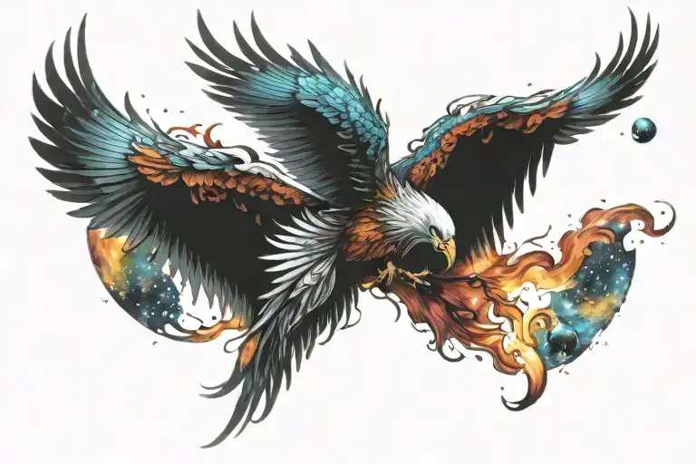 colorful phoenix rising into the milky way  tattoo design idea