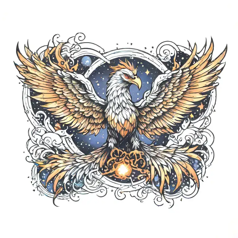 baby majestic phoenix rising from ashes into  colorful  hyper realistic galaxy, space of stars on fire davinci Machinery tattoo design idea