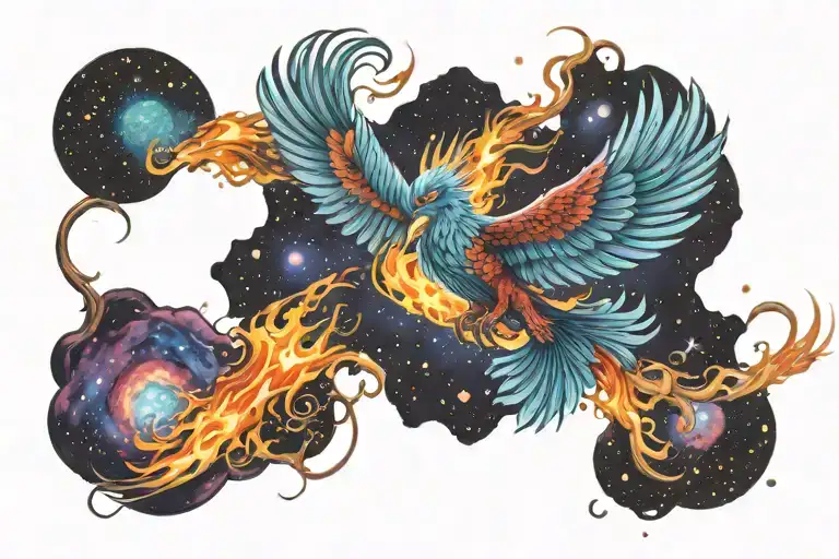  multicolor phoenix on fire rising into space galaxy milky way  tattoo design idea