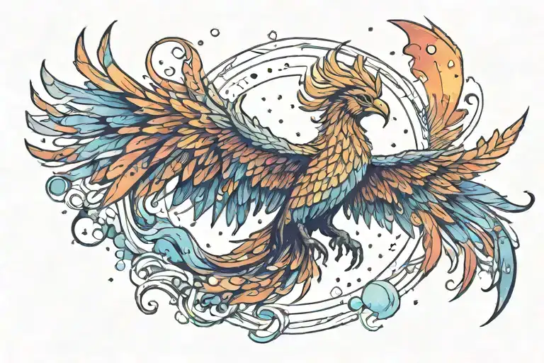 colorful phoenix rising into the milky way  tattoo design idea