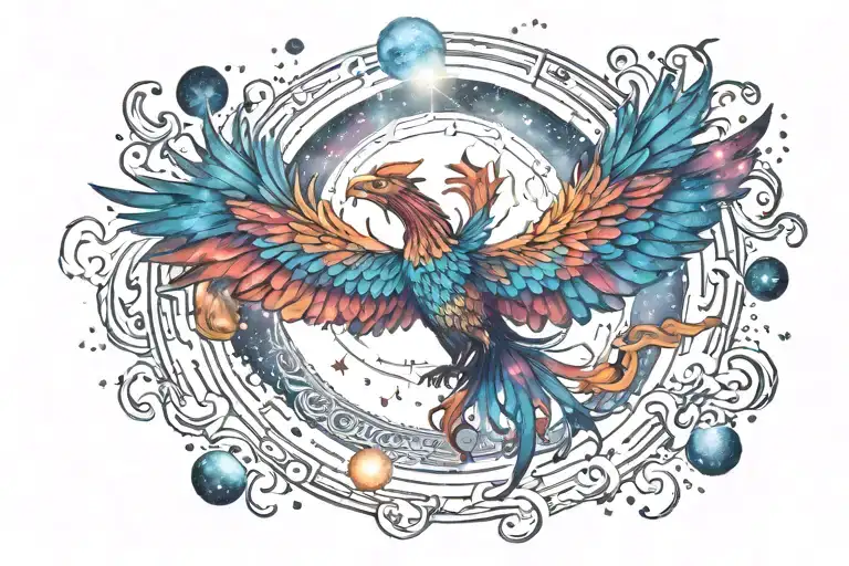 galactic multicolor phoenix rising into milky way tattoo design idea