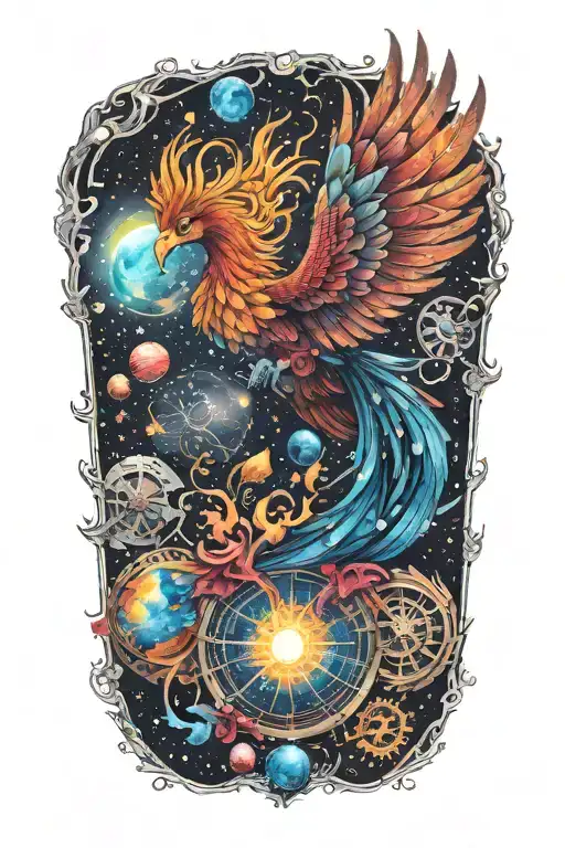cosmic colorful majestic phoenix rising from ashes into  colorful  hyper realistic space galaxy, gears, stars tattoo design idea
