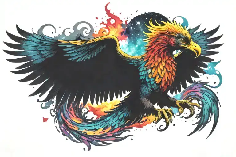 cosmic colorful majestic phoenix rising from ashes into  colorful  hyper realistic space galaxy, engineered stars tattoo design idea