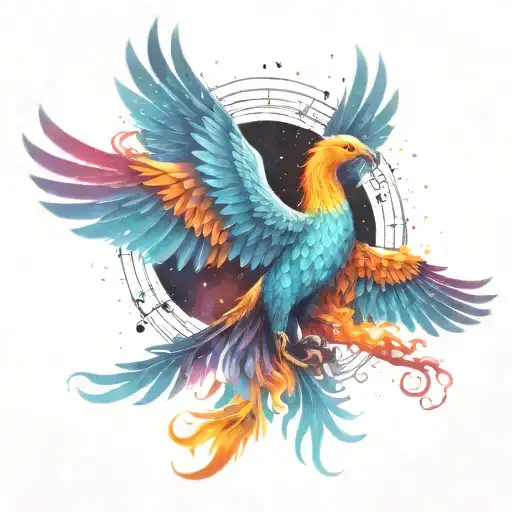 multicolor majestic phoenix rising into the colorful  hyper realistic Milky Way  galaxy of stars on fire tattoo design idea