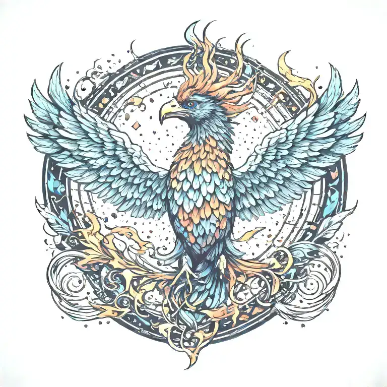 cosmic colorful majestic phoenix rising from ashes into  colorful  hyper realistic galaxy, engineered  tattoo design idea