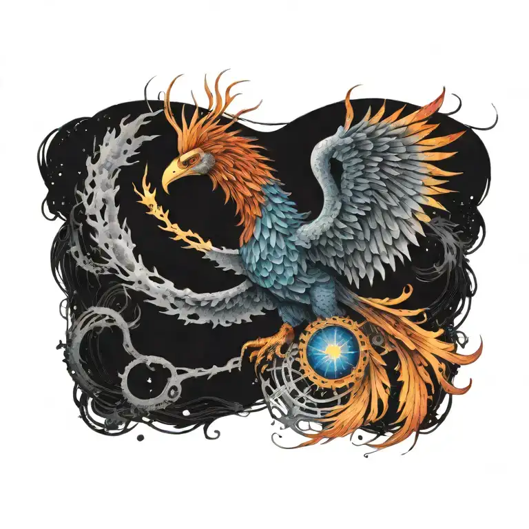 cosmic colorful majestic phoenix rising from ashes into  colorful  hyper realistic galaxy, gears  tattoo design idea