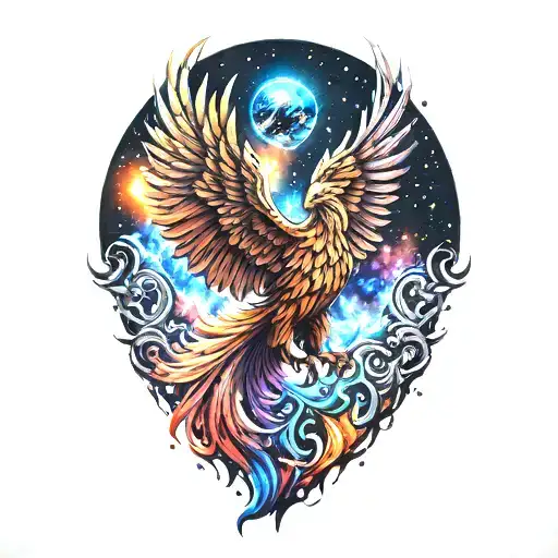 cosmic majestic phoenix rising from ashes into  colorful galaxy space of stars on fire davinci Machinery tattoo design idea