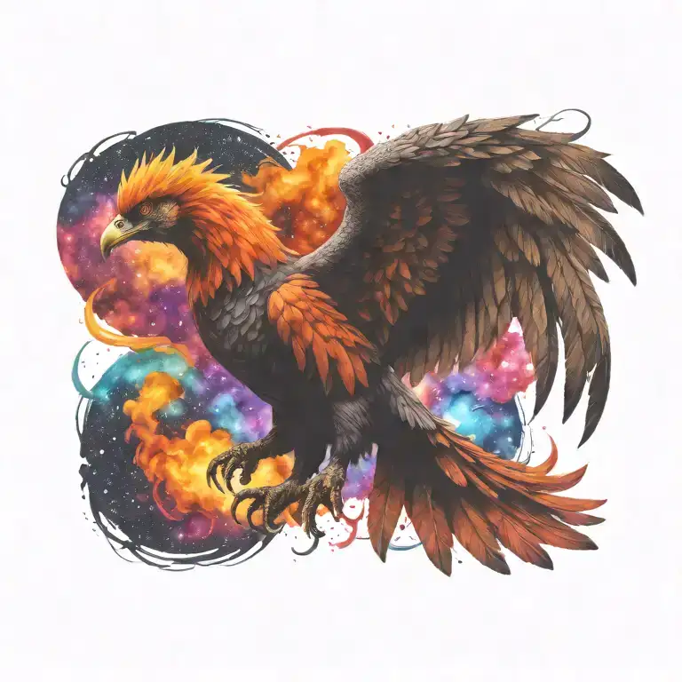 cosmic colorful majestic phoenix rising from ashes into  colorful  hyper realistic galaxy  engineering  tattoo design idea