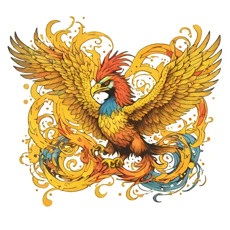 cosmic colorful majestic phoenix rising from ashes into  colorful  hyper realistic galaxy, gears  tattoo design idea