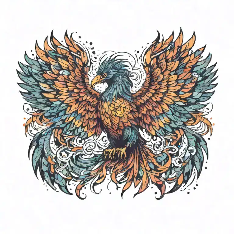 cosmic colorful majestic phoenix rising from ashes into  colorful  hyper realistic galaxy, engineered  tattoo design idea