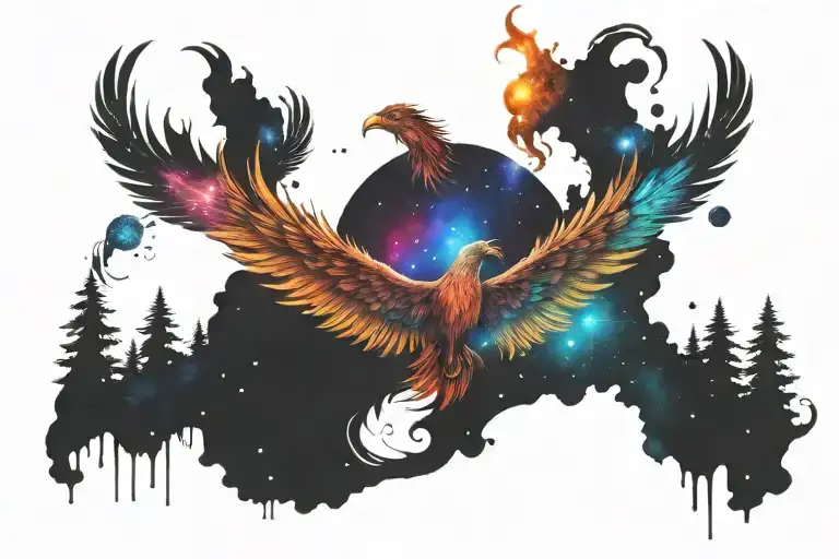 colorful single headed phoenix rising into the milky way  tattoo design idea