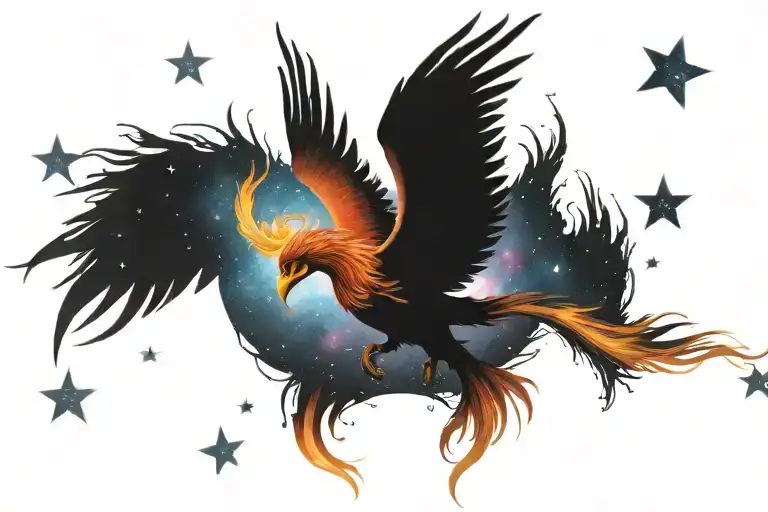 colorful phoenix rising into the milky way  tattoo design idea