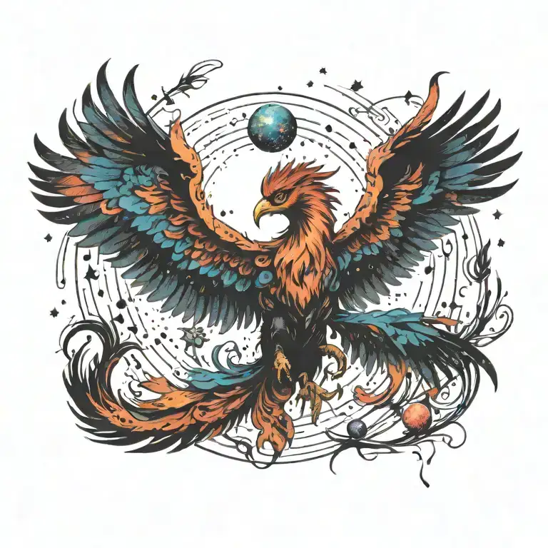 cosmic colorful majestic phoenix rising from ashes into  colorful  hyper realistic space galaxy, gears, stars tattoo design idea