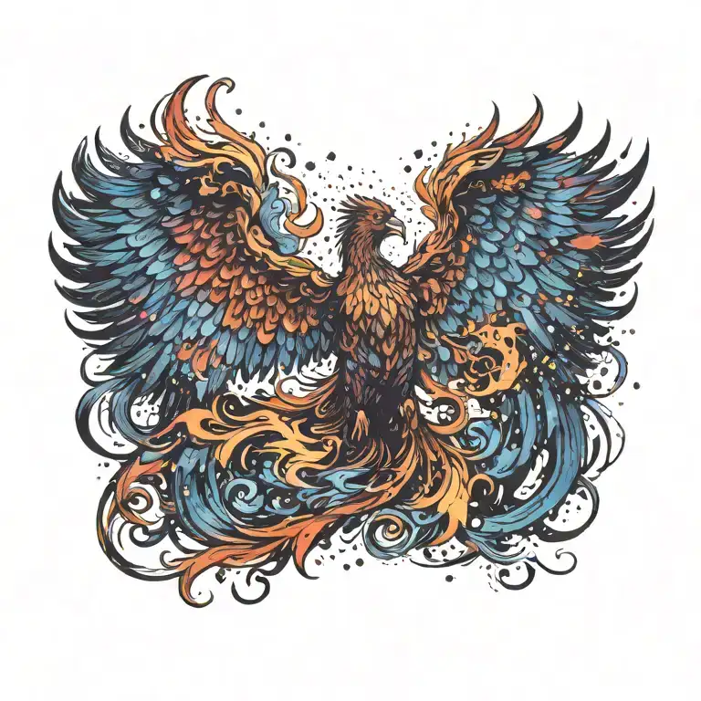 cosmic majestic phoenix rising from ashes into  colorful galaxy space of stars on fire davinci Machinery tattoo design idea
