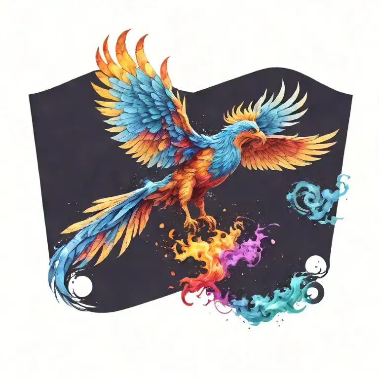 cosmic colorful majestic phoenix rising from ashes into  colorful  hyper realistic galaxy, gears  tattoo design idea