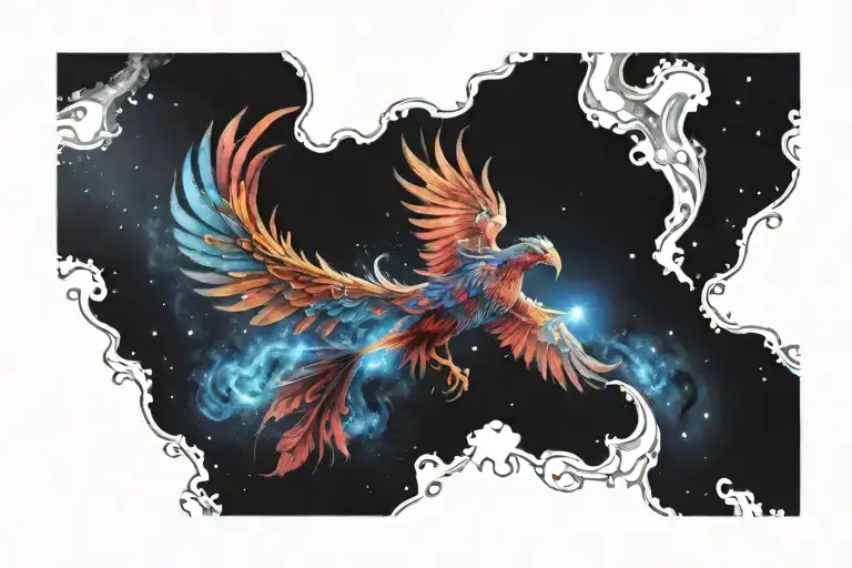 colorful phoenix rising into the milky way  tattoo design idea
