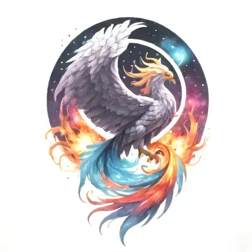 cosmic majestic phoenix rising from ashes into  colorful  hyper realistic galaxy, engineered  tattoo design idea