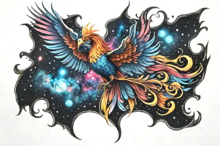 colorful phoenix rising into the milky way  tattoo design idea