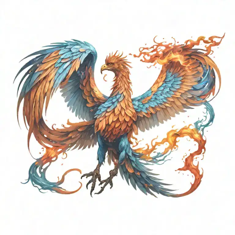 cosmic colorful majestic phoenix rising from ashes into  colorful  hyper realistic galaxy, engineered  tattoo design idea
