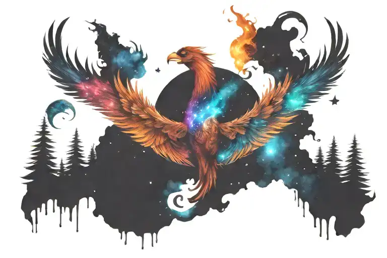 colorful phoenix rising into the milky way  tattoo design idea