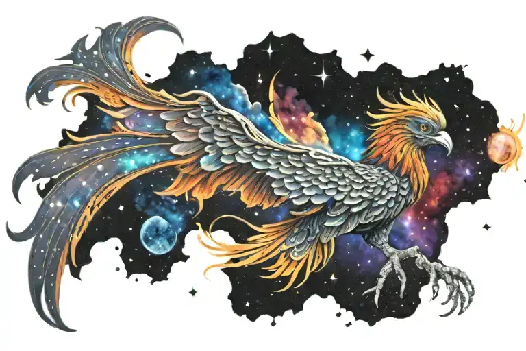 galactic multicolor phoenix rising into milky way tattoo design idea